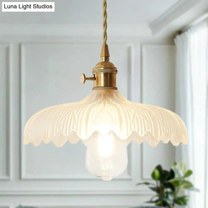 Brass Scalloped Pendant Ceiling Light with Frosted Glass - Farmhouse Style 1-Light Hanging Lamp for Living Room