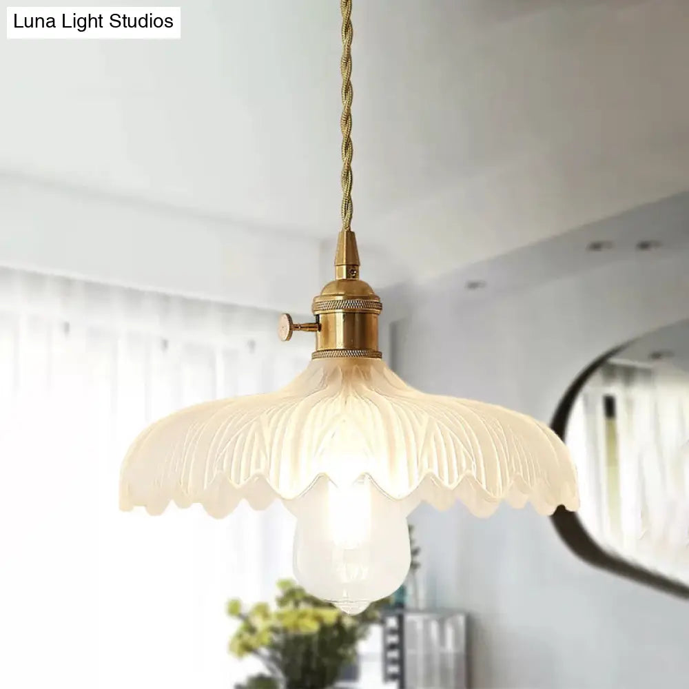 Brass Scalloped Pendant Ceiling Light with Frosted Glass - Farmhouse Style 1-Light Hanging Lamp for Living Room