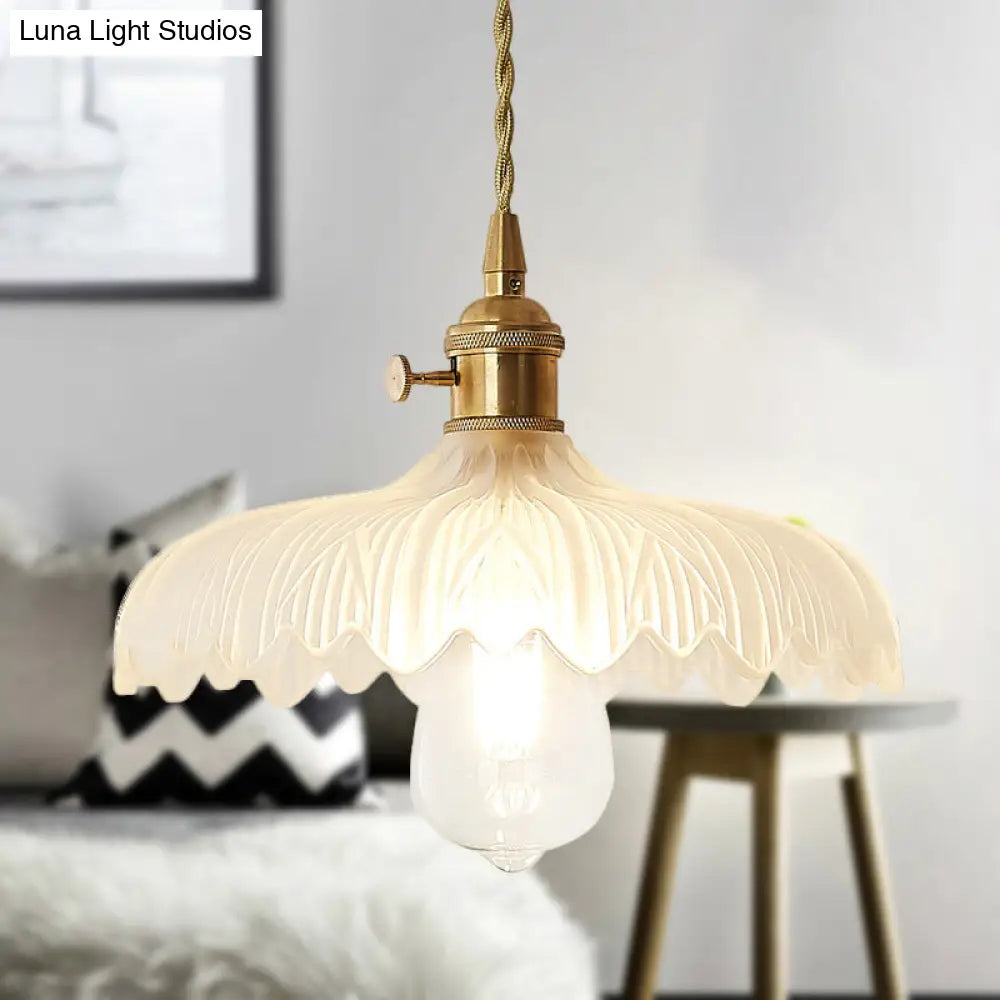 Brass Scalloped Pendant Ceiling Light with Frosted Glass - Farmhouse Style 1-Light Hanging Lamp for Living Room