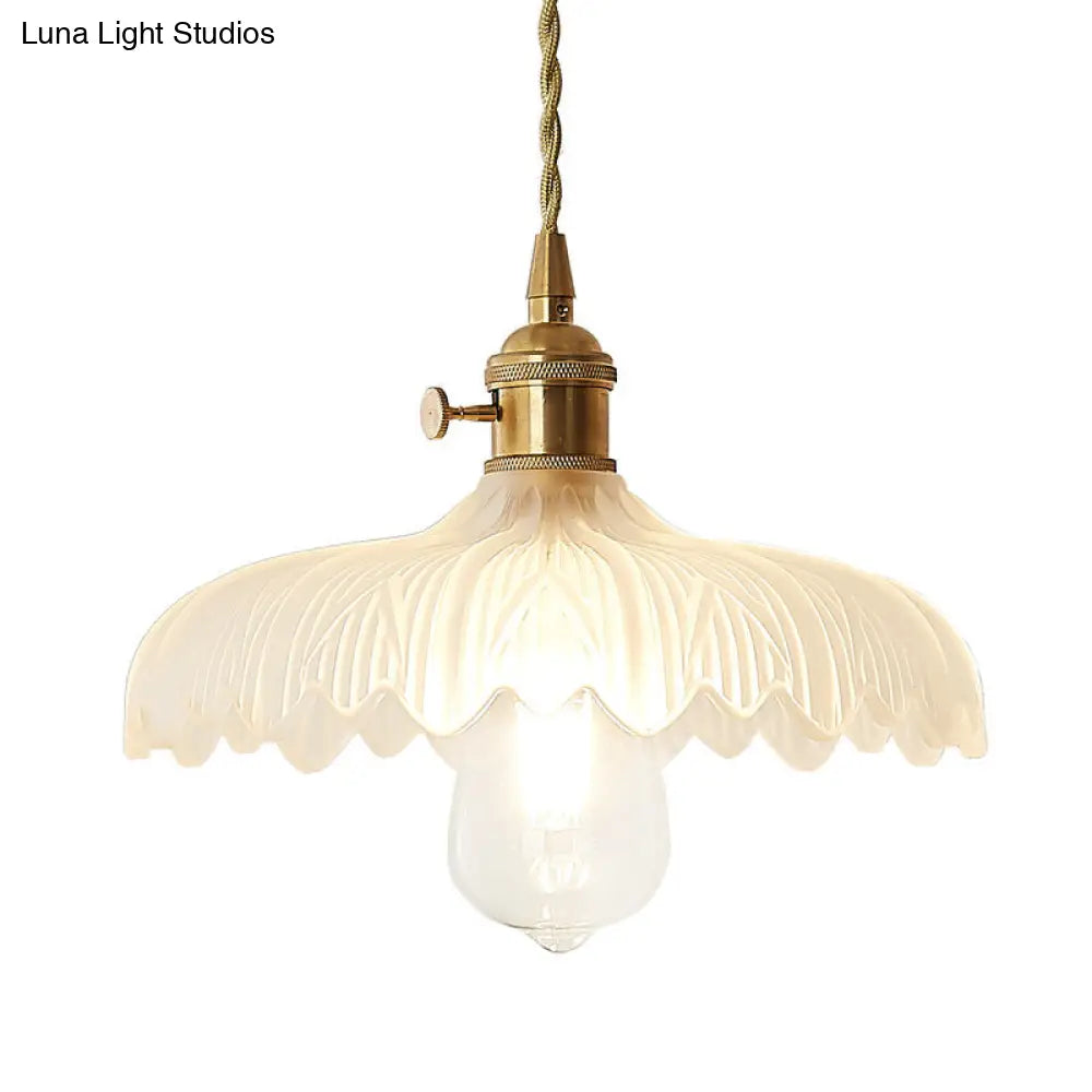 Brass Scalloped Pendant Ceiling Light with Frosted Glass - Farmhouse Style 1-Light Hanging Lamp for Living Room