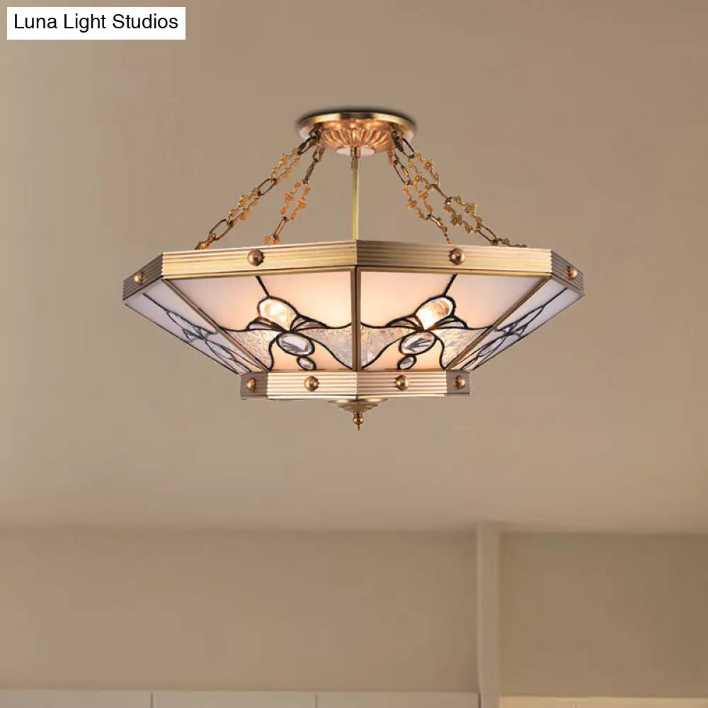 DecorBites™ Brass Semi-Flush Ceiling Light with Beveled Frosted Glass - 4 Lights, Bedroom Chandelier - 16"/19.5" W