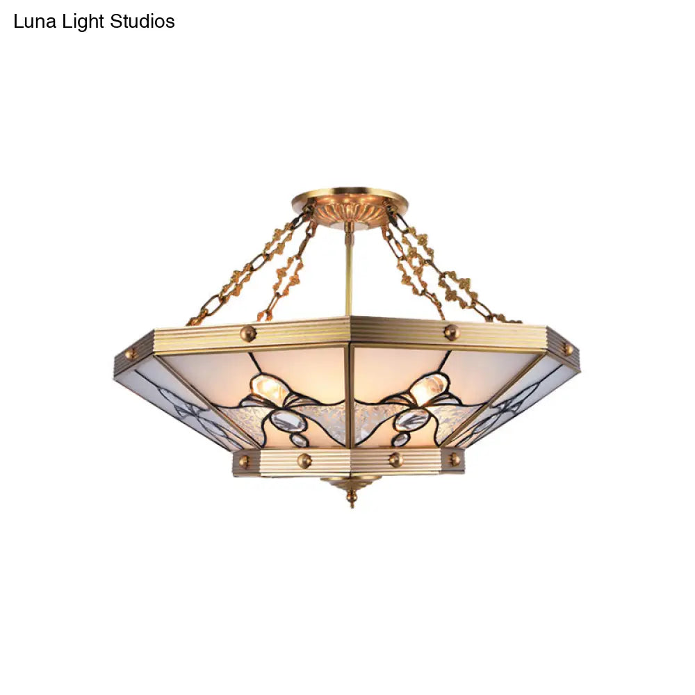 DecorBites™ Brass Semi-Flush Ceiling Light with Beveled Frosted Glass - 4 Lights, Bedroom Chandelier - 16"/19.5" W