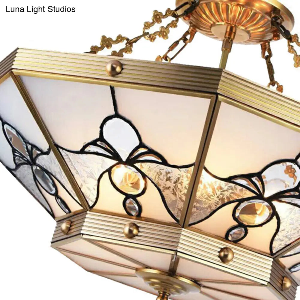 DecorBites™ Brass Semi-Flush Ceiling Light with Beveled Frosted Glass - 4 Lights, Bedroom Chandelier - 16"/19.5" W