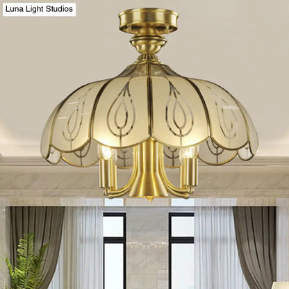 DecorBites™ DecorBites™ Brass Semi Flush Ceiling Mounted Fixture with Scalloped Frosted Glass & Leaf Pattern - 4 Heads, Rural Style