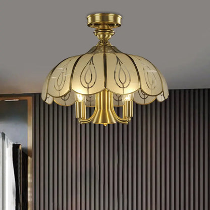 DecorBites™ DecorBites™ Brass Semi Flush Ceiling Mounted Fixture with Scalloped Frosted Glass & Leaf Pattern - 4 Heads, Rural Style