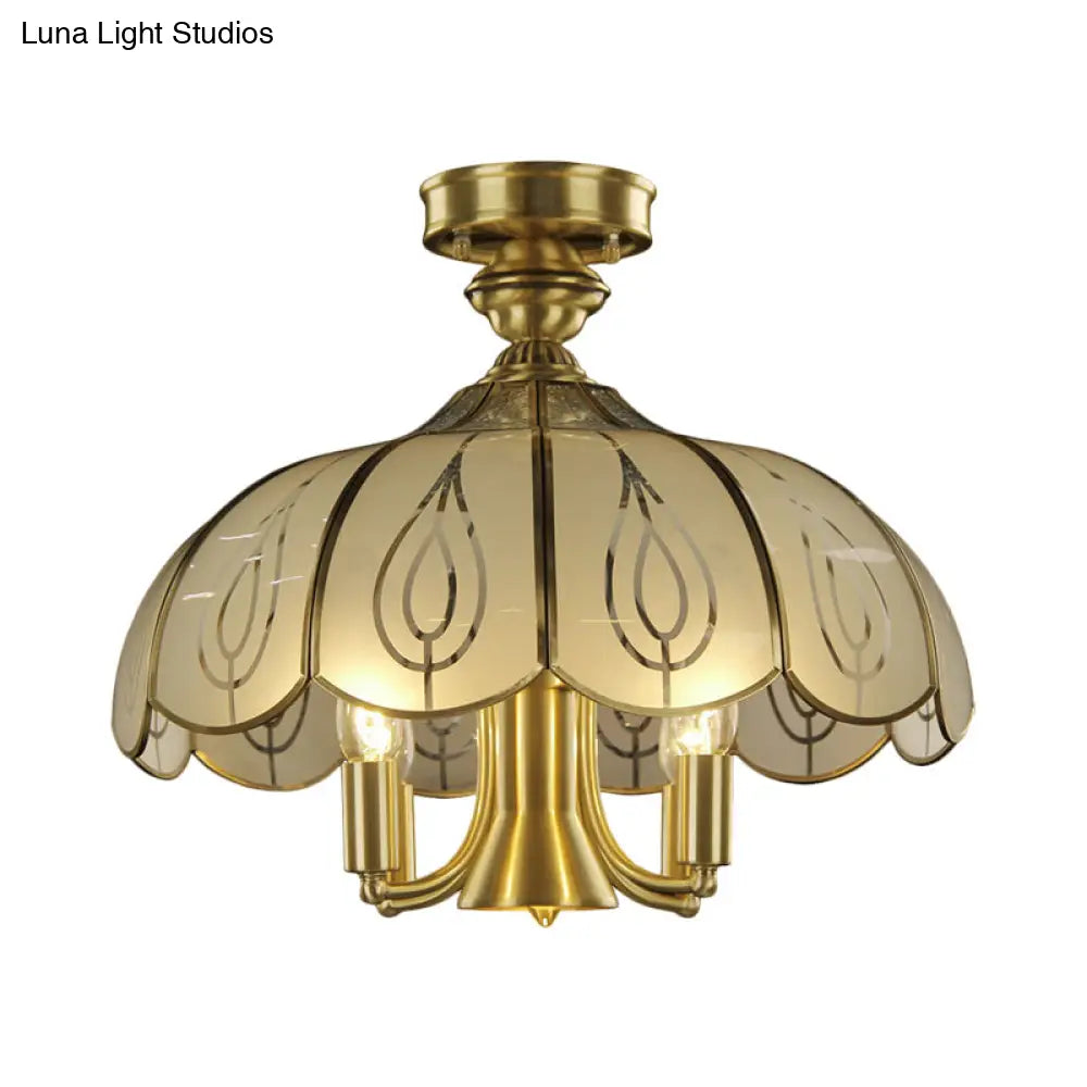 DecorBites™ DecorBites™ Brass Semi Flush Ceiling Mounted Fixture with Scalloped Frosted Glass & Leaf Pattern - 4 Heads, Rural Style
