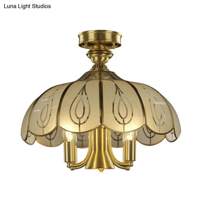 DecorBites™ DecorBites™ Brass Semi Flush Ceiling Mounted Fixture with Scalloped Frosted Glass & Leaf Pattern - 4 Heads, Rural Style