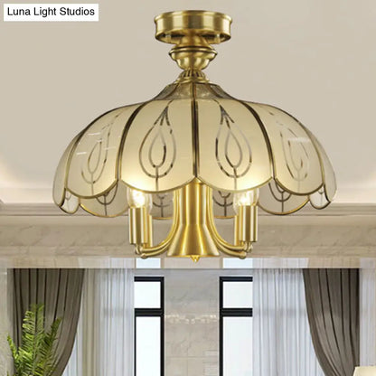 DecorBites™ DecorBites™ Brass Semi Flush Ceiling Mounted Fixture with Scalloped Frosted Glass & Leaf Pattern - 4 Heads, Rural Style