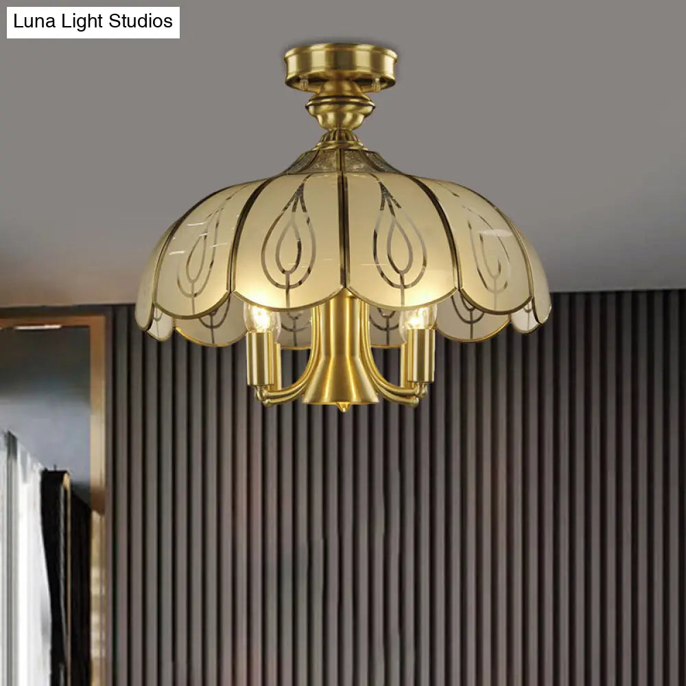 DecorBites™ DecorBites™ Brass Semi Flush Ceiling Mounted Fixture with Scalloped Frosted Glass & Leaf Pattern - 4 Heads, Rural Style