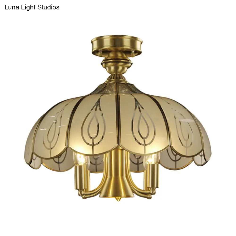 DecorBites™ DecorBites™ Brass Semi Flush Ceiling Mounted Fixture with Scalloped Frosted Glass & Leaf Pattern - 4 Heads, Rural Style