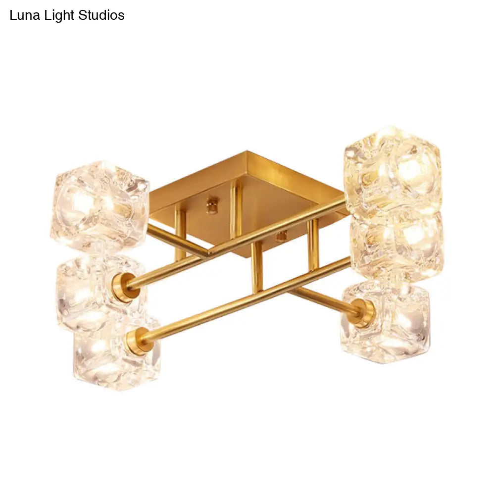 DecorBites™ DecorBites™ Brass Semi Flush Crystal Bedroom Ceiling Light - Contemporary Square Design, 4/6 Light Fixture