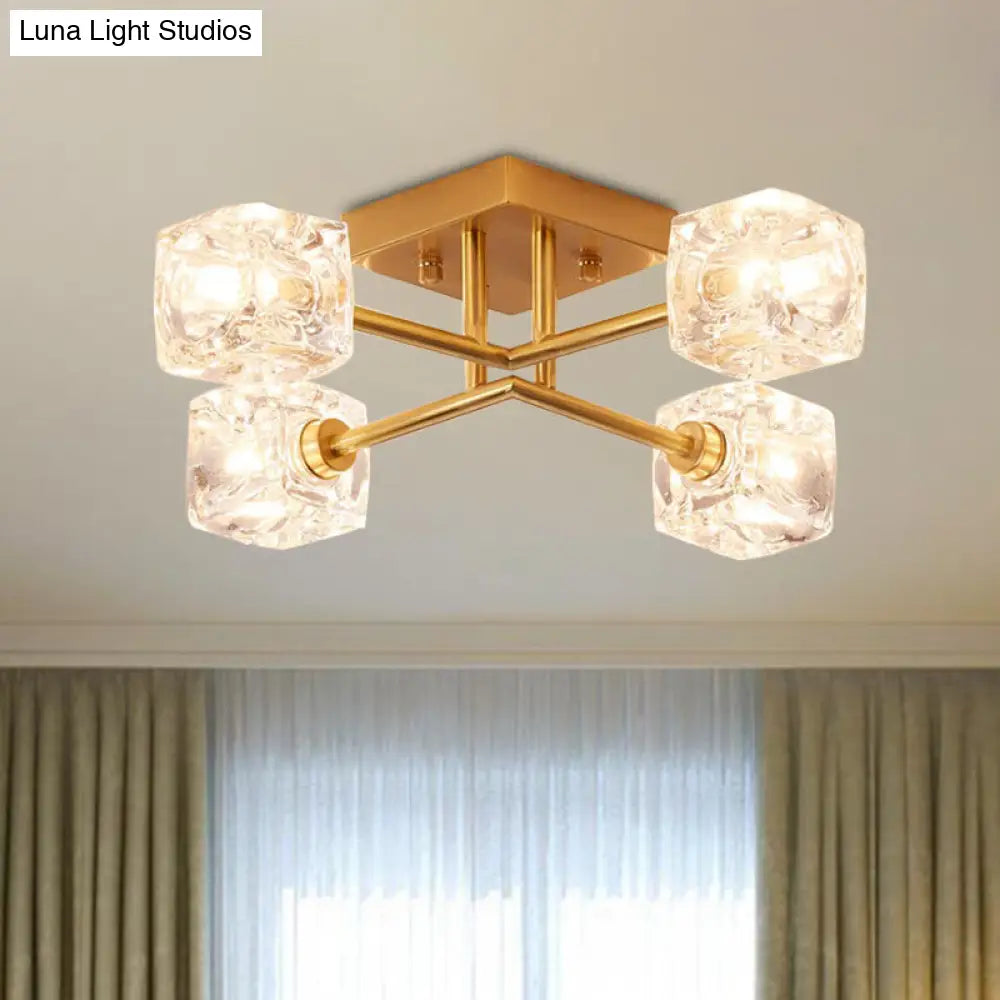 DecorBites™ DecorBites™ Brass Semi Flush Crystal Bedroom Ceiling Light - Contemporary Square Design, 4/6 Light Fixture