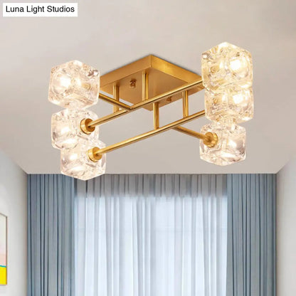 DecorBites™ DecorBites™ Brass Semi Flush Crystal Bedroom Ceiling Light - Contemporary Square Design, 4/6 Light Fixture