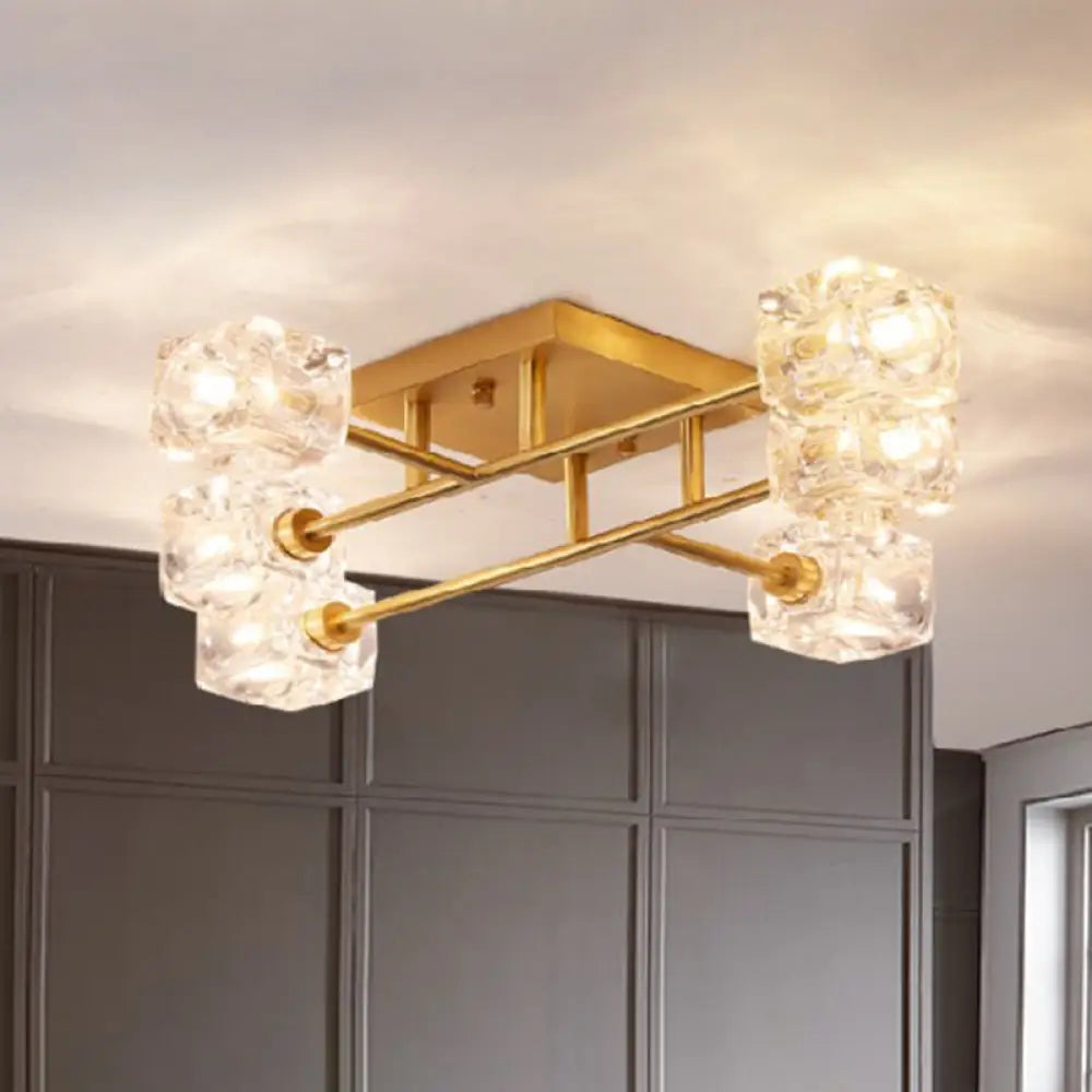 DecorBites™ DecorBites™ Brass Semi Flush Crystal Bedroom Ceiling Light - Contemporary Square Design, 4/6 Light Fixture