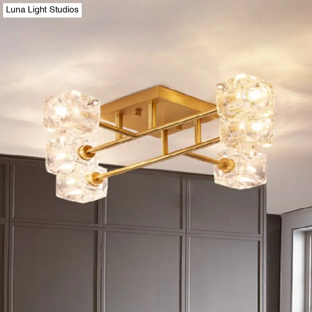 DecorBites™ DecorBites™ Brass Semi Flush Crystal Bedroom Ceiling Light - Contemporary Square Design, 4/6 Light Fixture