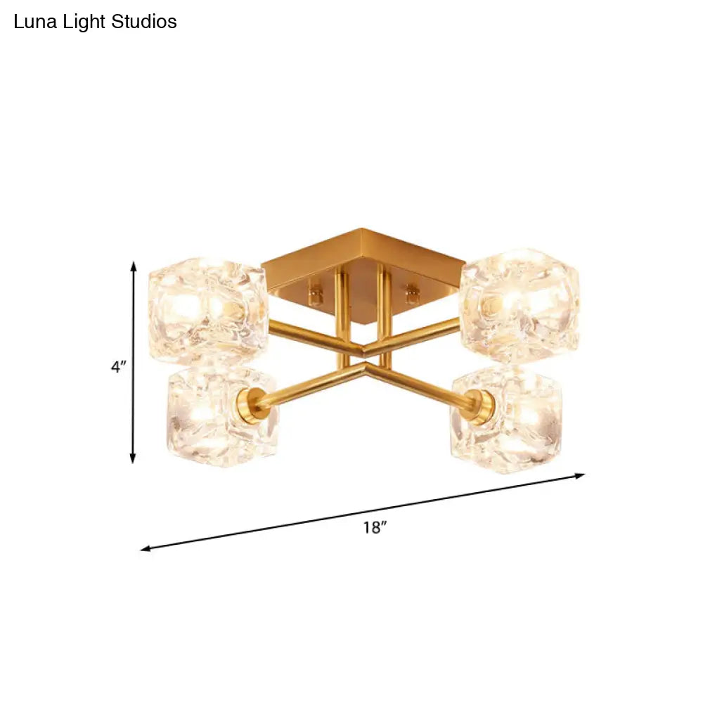 DecorBites™ DecorBites™ Brass Semi Flush Crystal Bedroom Ceiling Light - Contemporary Square Design, 4/6 Light Fixture