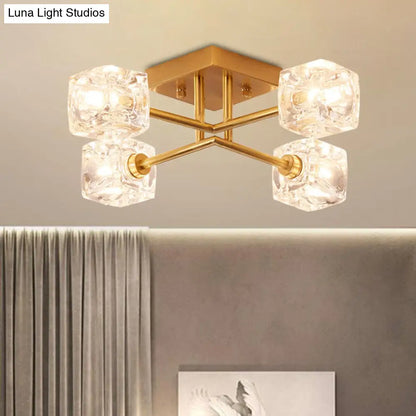 DecorBites™ DecorBites™ Brass Semi Flush Crystal Bedroom Ceiling Light - Contemporary Square Design, 4/6 Light Fixture
