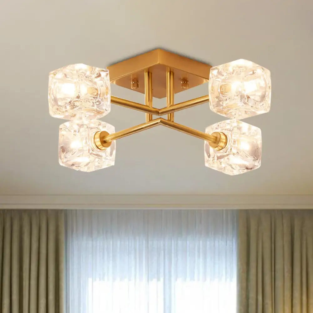 DecorBites™ DecorBites™ Brass Semi Flush Crystal Bedroom Ceiling Light - Contemporary Square Design, 4/6 Light Fixture
