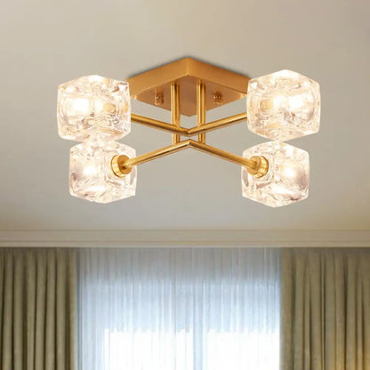 DecorBites™ DecorBites™ Brass Semi Flush Crystal Bedroom Ceiling Light - Contemporary Square Design, 4/6 Light Fixture