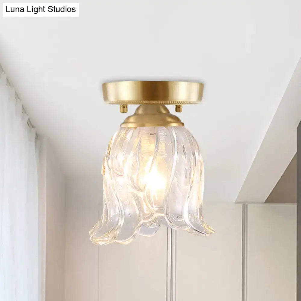 DecorBites brass 1-light semi flush mount with a clear ripple fluted glass cone flower pendant for living room ceiling