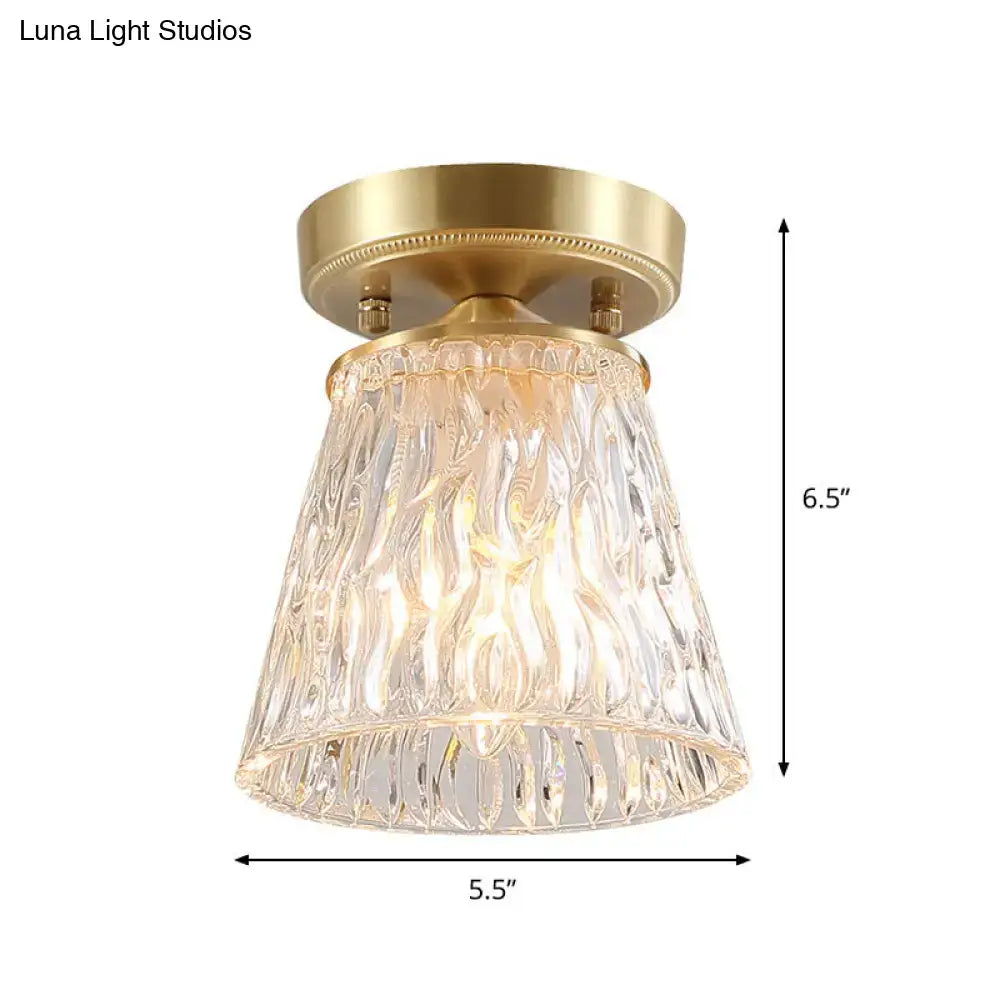 DecorBites brass semi flush mount ceiling light with clear ripple fluted glass cone flower design for living room