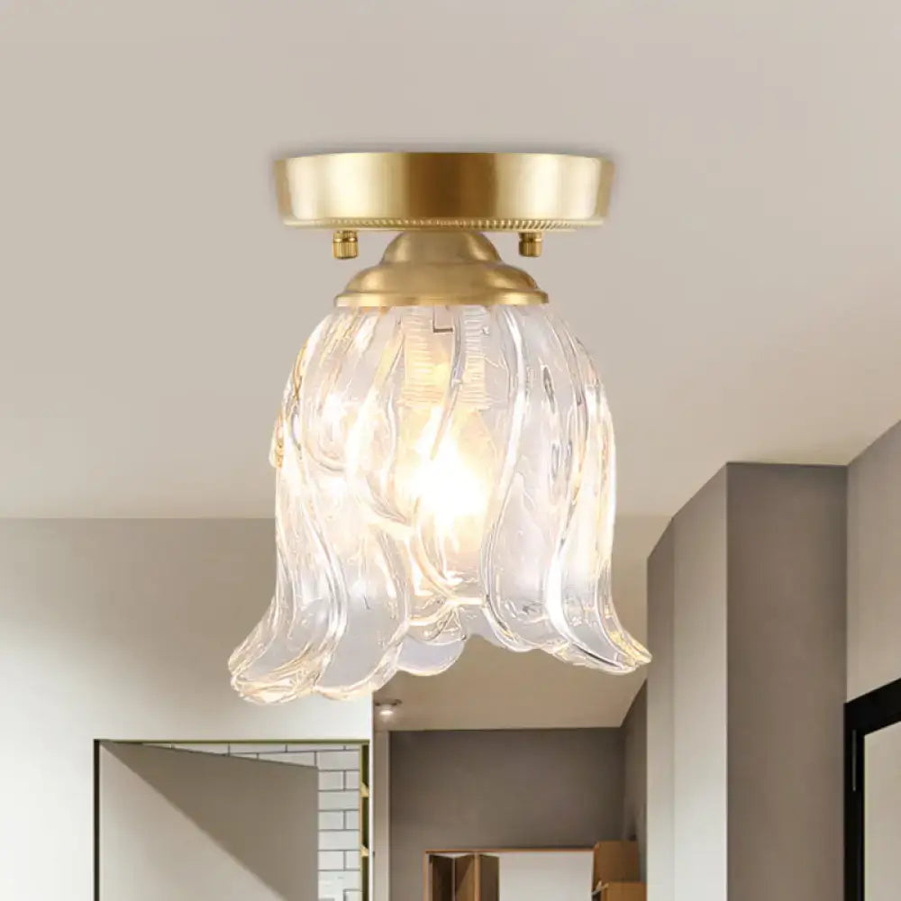 Decorbites™ brass 1-light semi flush mount with clear ripple fluted glass cone flower lampshade for living room ceiling