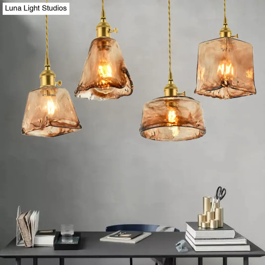 DecorBites™ Brass Shaded Drop Pendant Vintage Handmade Tan Glass 1-Bulb Living Room Pendulum Light