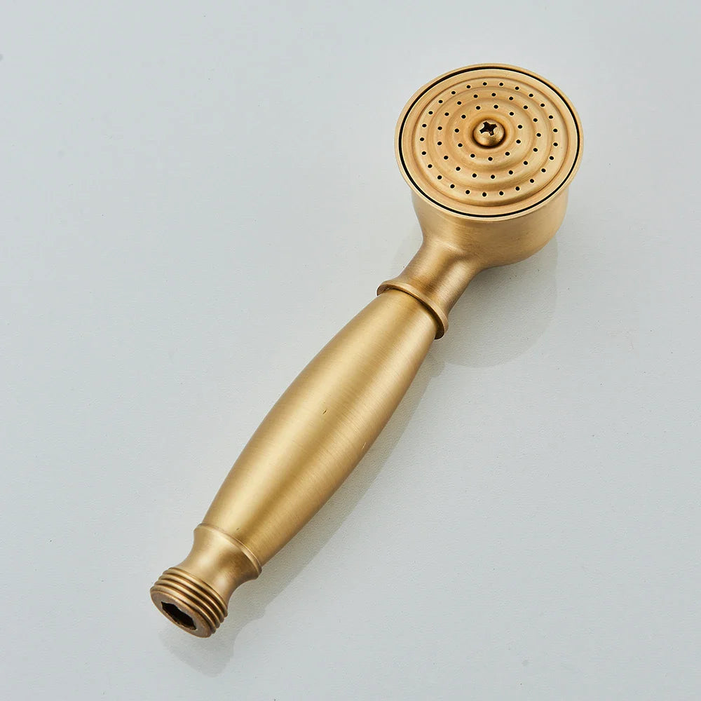 Brass shower faucet set wall mount featuring gold-colored antique brass showerhead with circular spray face and central star screw