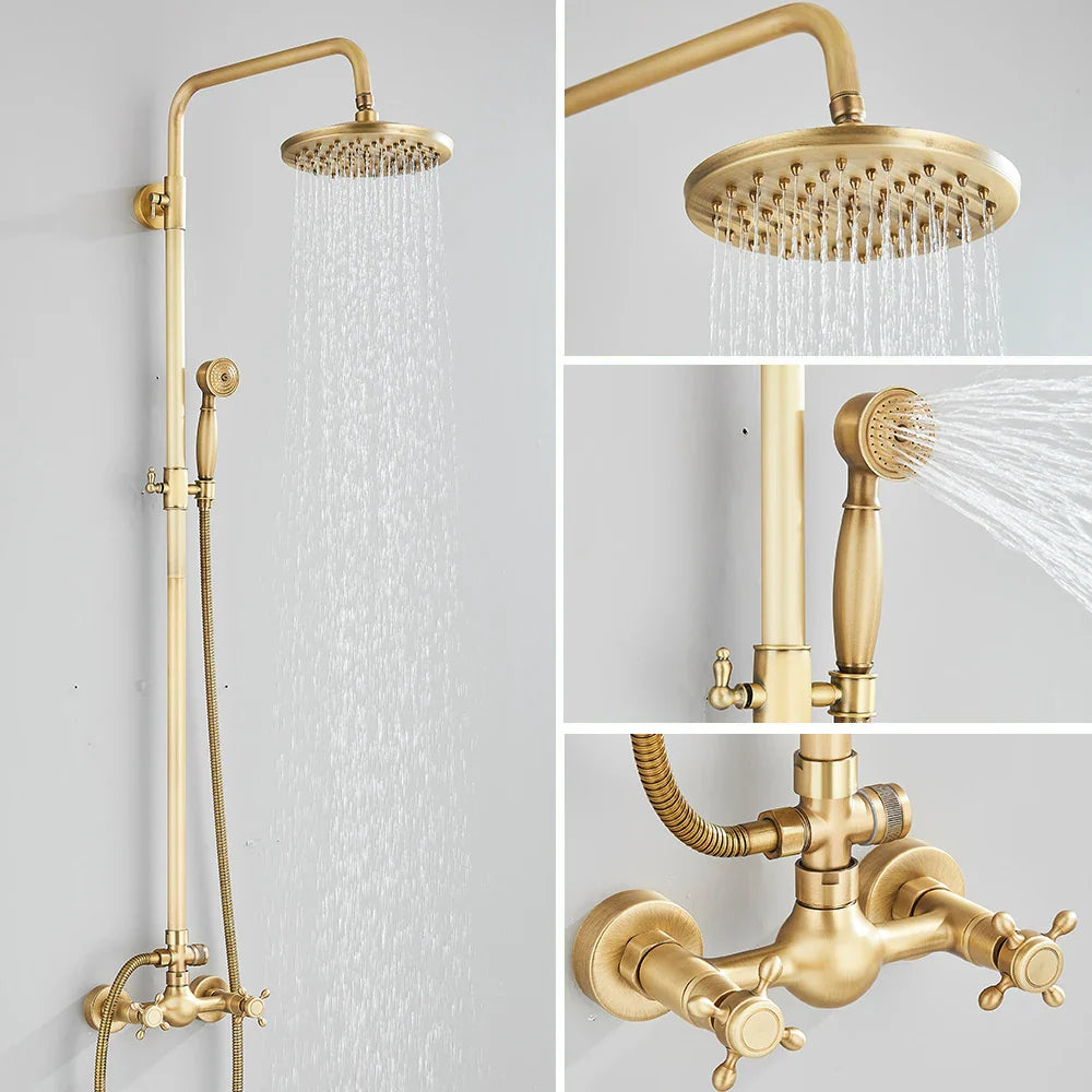 Brass shower faucet set wall mount with antique brass finish featuring round rainhead and handheld spray nozzle