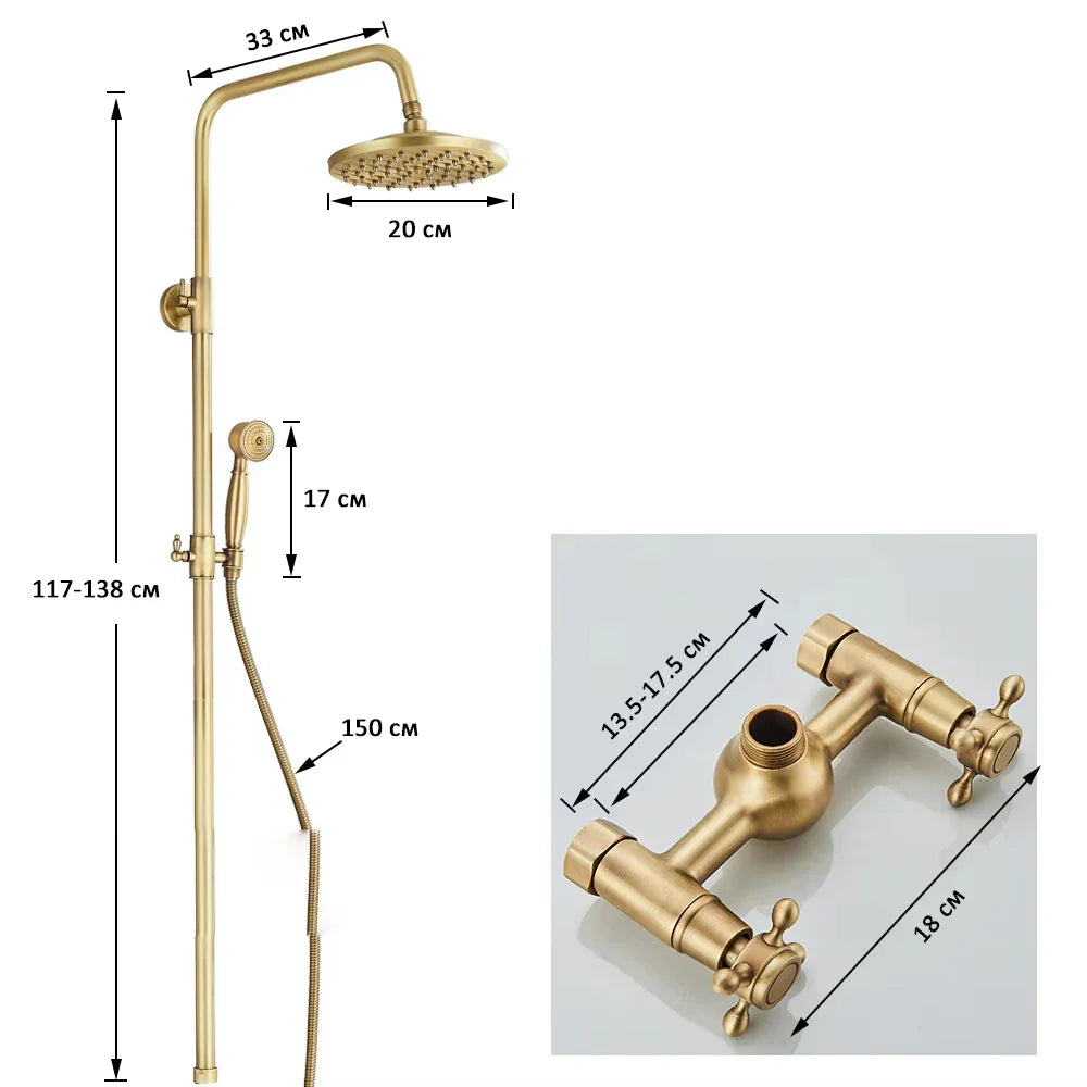 Brass shower faucet set wall mount featuring antique brass finish, 20 cm round rainhead, handheld sprayer, and cross-handle faucets