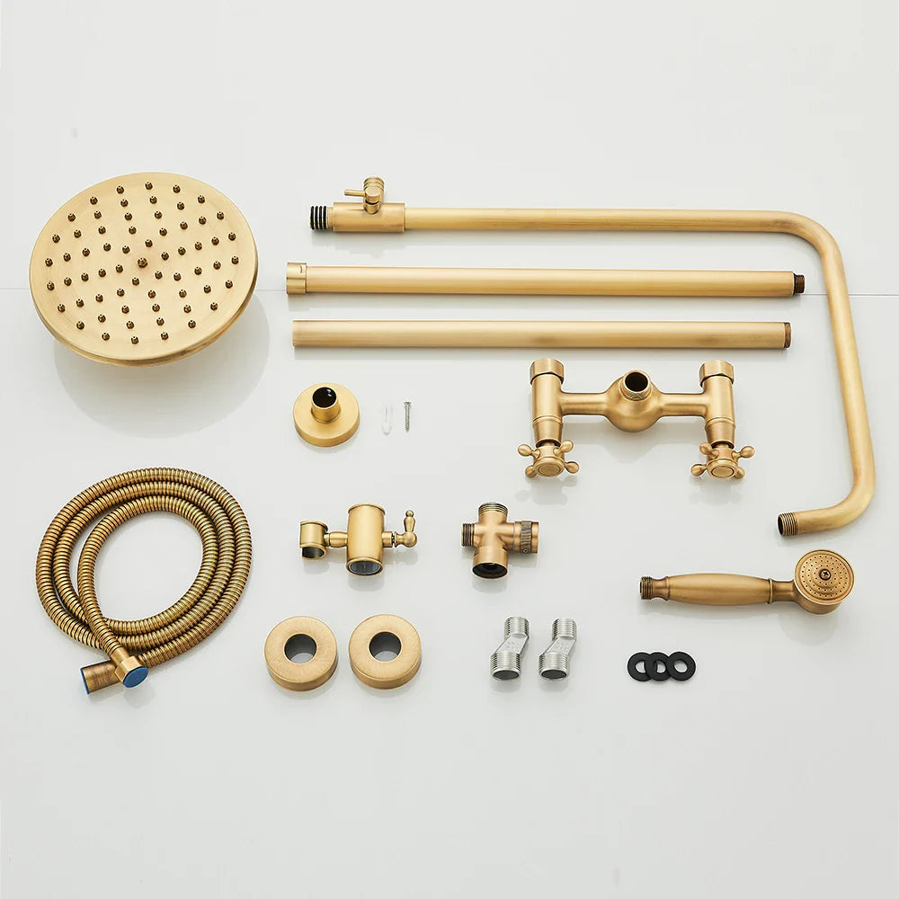 Brass shower faucet set wall mount with antique brass finish featuring round rainhead and handheld sprayer