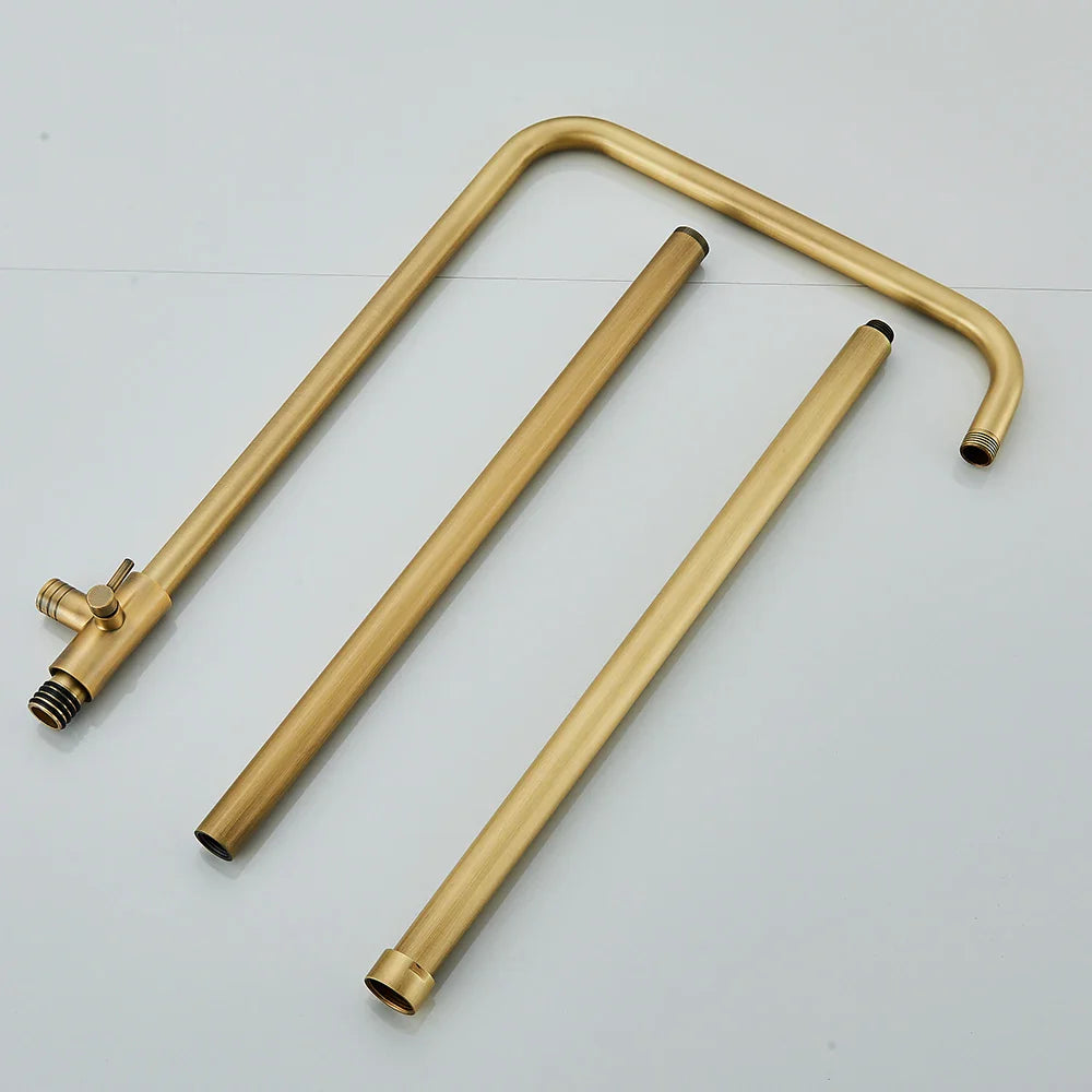 Gold-colored antique brass shower arm assembly with curved design and threaded ends for brass shower faucet set wall mount