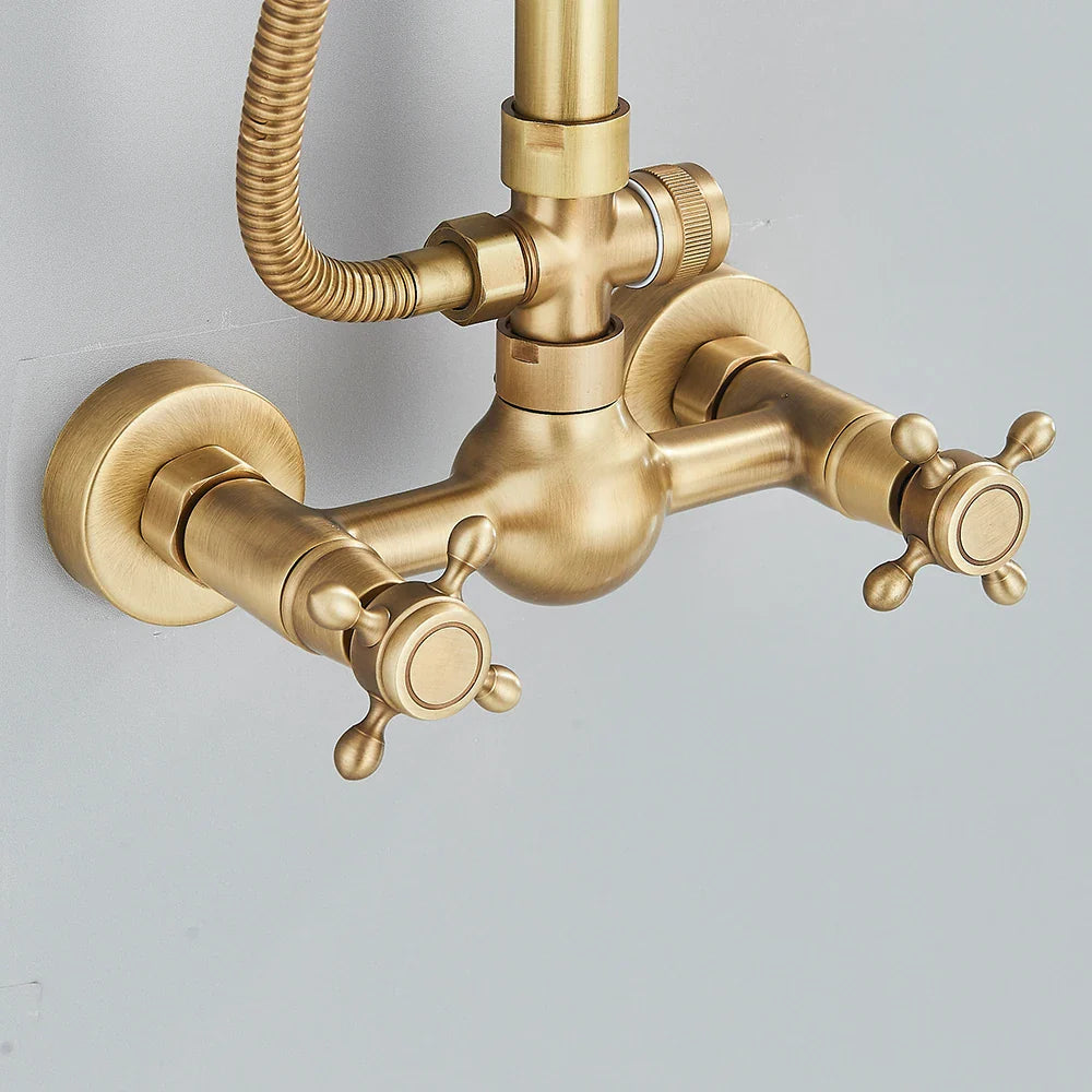 Brass shower faucet set wall mount with antique brass finish, dual cross-shaped handles, and flexible hose