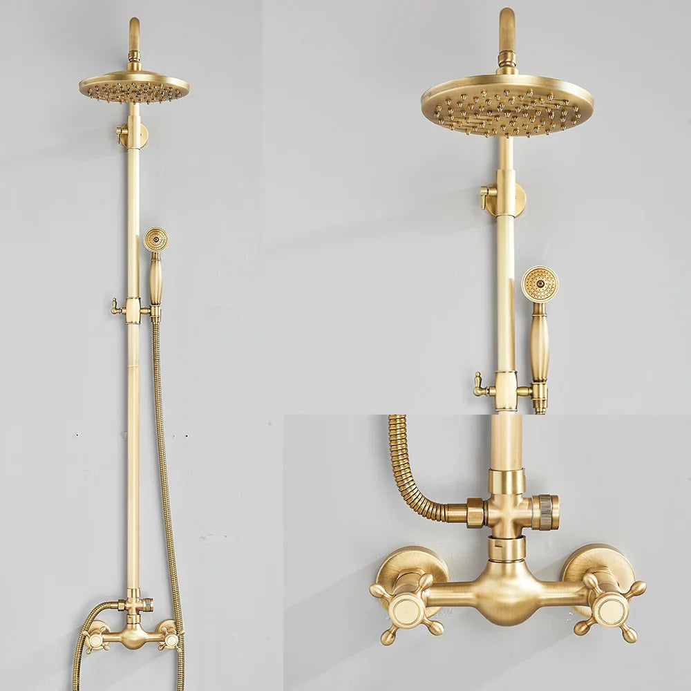 Brass shower faucet set wall mount with antique brass finish, round rainhead, handheld sprayer, and dual-handle valve