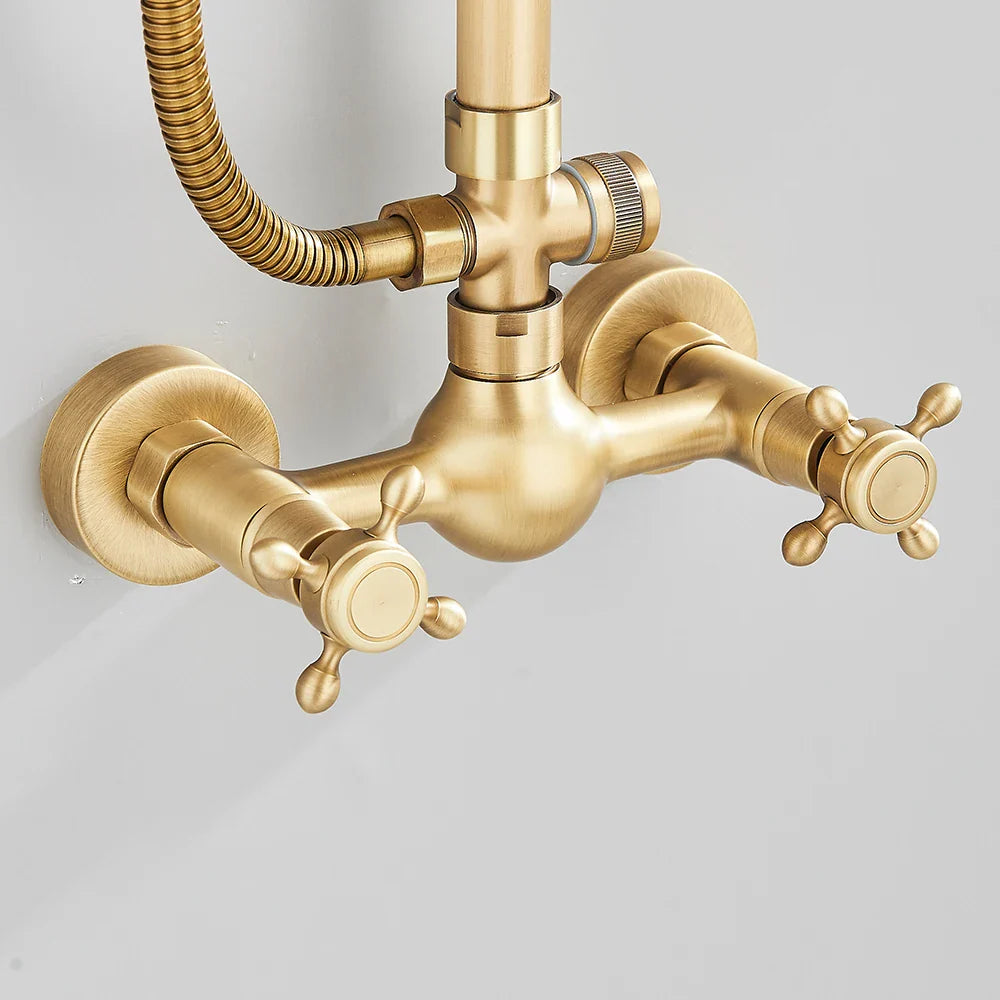 Brass shower faucet set wall mount with antique brass finish two cross handles and flexible hose for shower use