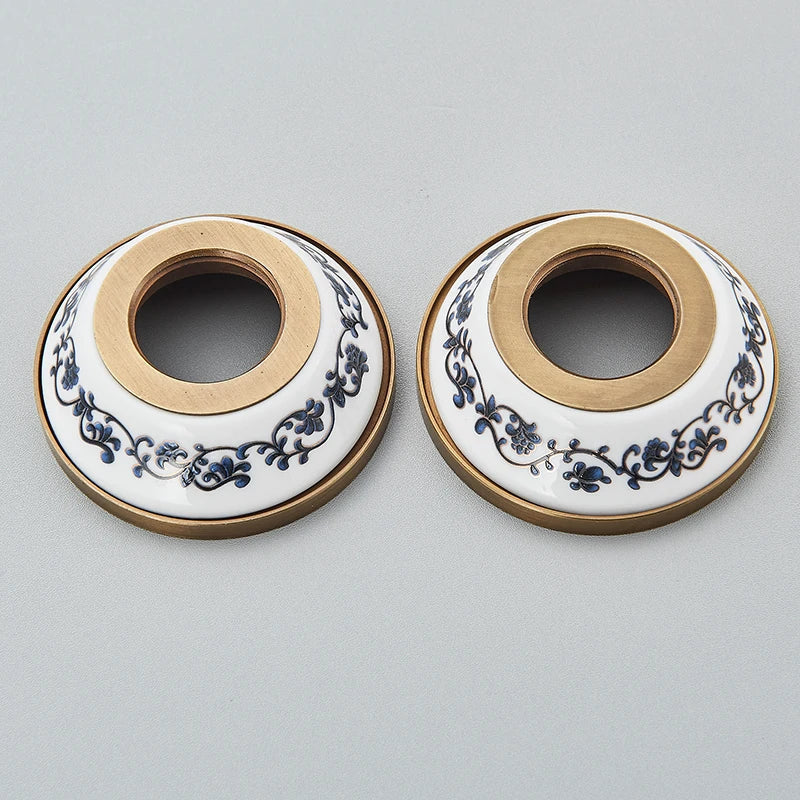 Pair of white ceramic ceiling rose fixtures with blue floral patterns and brass rims for cold water brass shower faucet wall mount