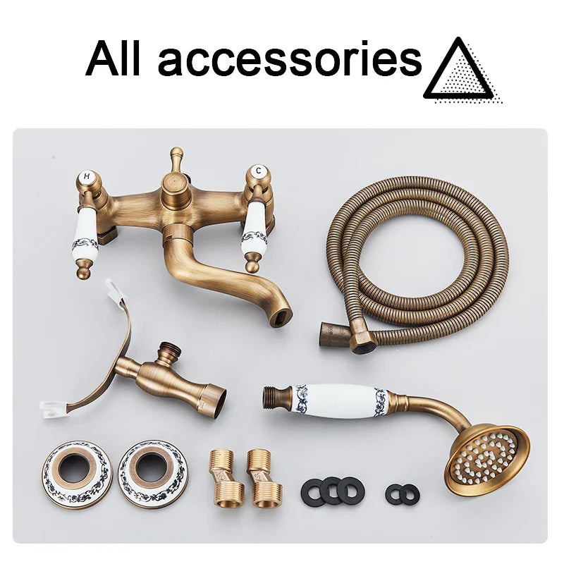 Antique brass shower faucet wall mount with white ceramic handles and decorative black floral patterns for cold water use