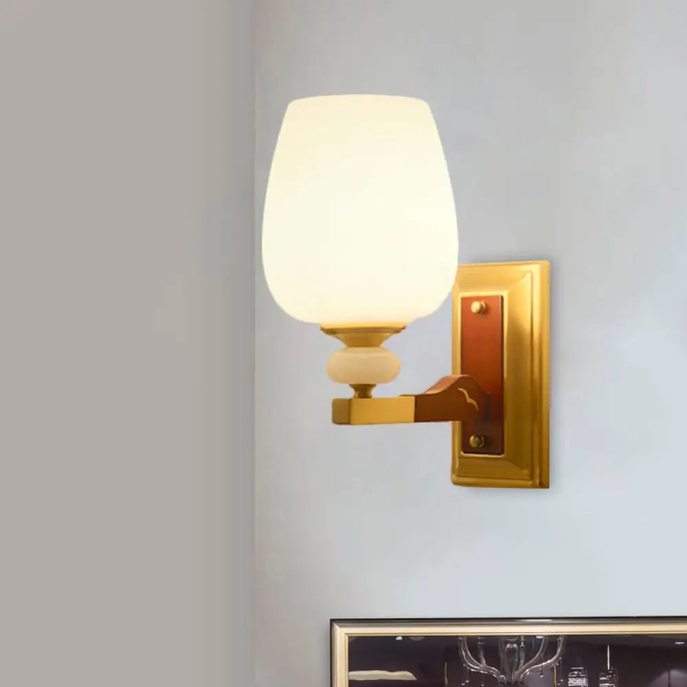 Brass Single Light Wall Mount Lamp with Opal Glass Cup Shape - Angled Wall Lighting Idea