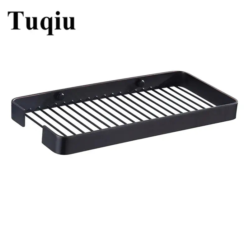 Black tuqiu bathroom shelf with brass square bathroom design featuring gold slatted metal grid and two mounting holes back view