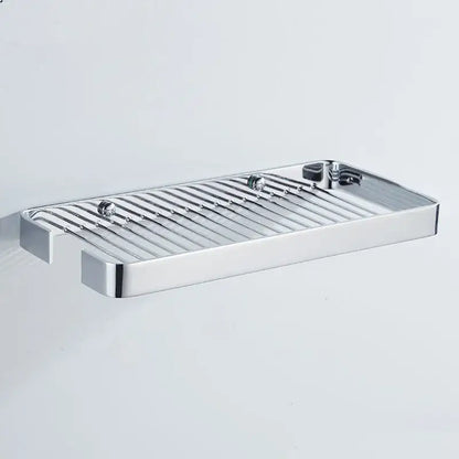Chrome-finished rectangular brass square bathroom shower rack with gold slatted metal shelf and rounded edges by decorbites