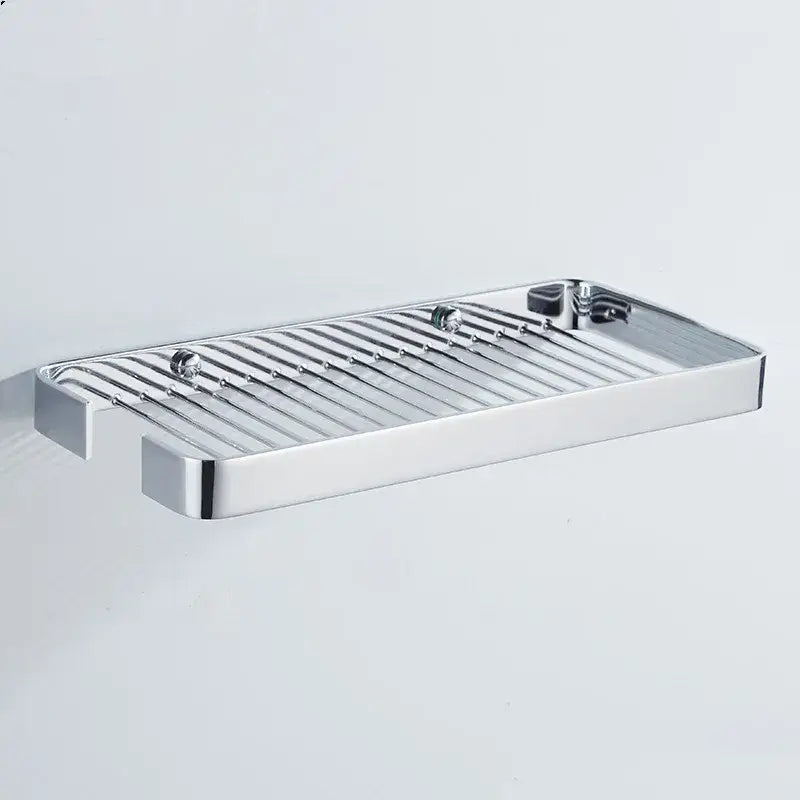 Chrome-finished rectangular brass square bathroom shower rack with gold slatted metal shelf and rounded edges by decorbites