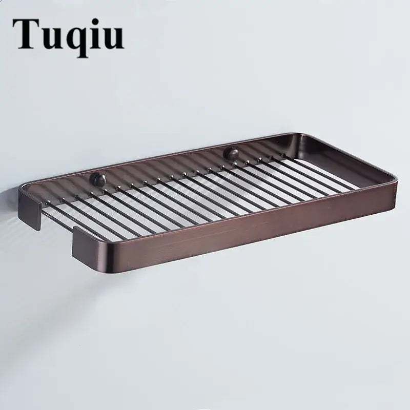 Tuqiu brass square bathroom shower rack with bronze finish and gold slatted metal shelf for elegant storage decorbites brass square