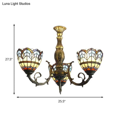 Brass Stained Glass Dome Chandelier - Baroque Tiffany Style, 3-Light Hanging Fixture for Dining Room