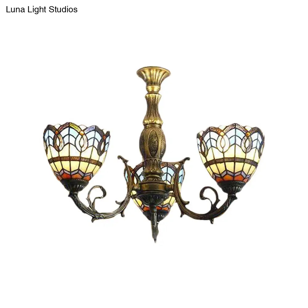 Brass Stained Glass Dome Chandelier - Baroque Tiffany Style, 3-Light Hanging Fixture for Dining Room