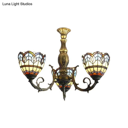 Brass Stained Glass Dome Chandelier - Baroque Tiffany Style, 3-Light Hanging Fixture for Dining Room