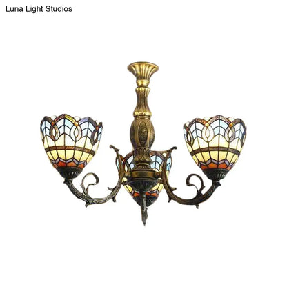 Brass Stained Glass Dome Chandelier - Baroque Tiffany Style, 3-Light Hanging Fixture for Dining Room