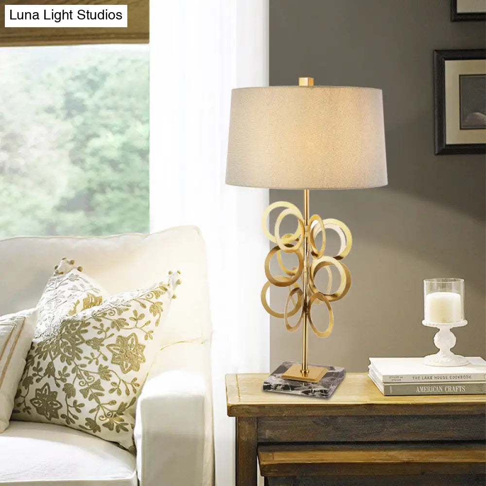 Brass Study Lamp with Round Tradition Metal Base, White Fabric Shade - 1 Bulb Task Lighting