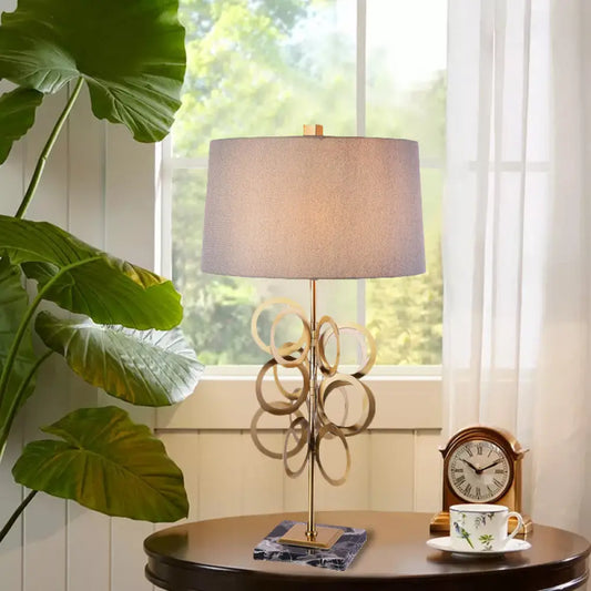 Brass Study Lamp with Round Tradition Metal Base, White Fabric Shade - 1 Bulb Task Lighting