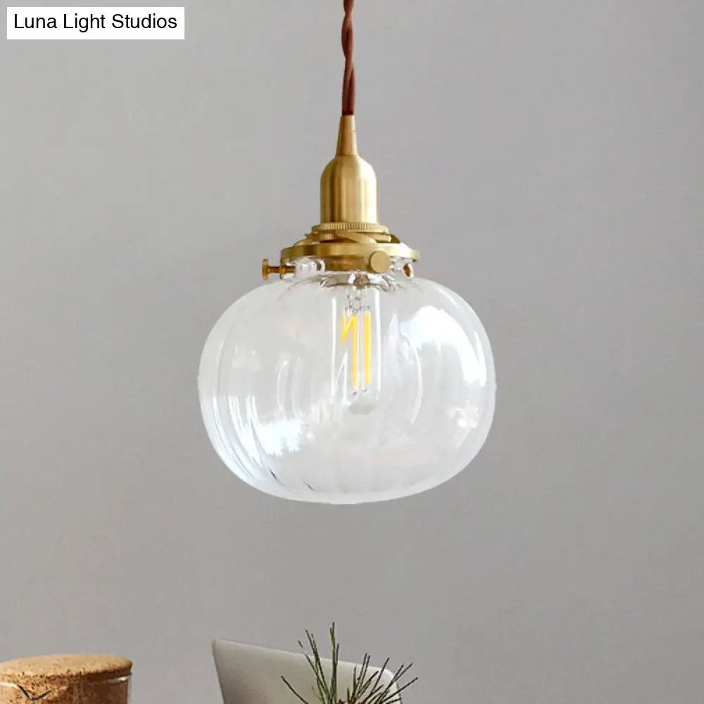 Brass Suspension Light Melon Shape Fluted Glass Pendant Lamp for Corridor