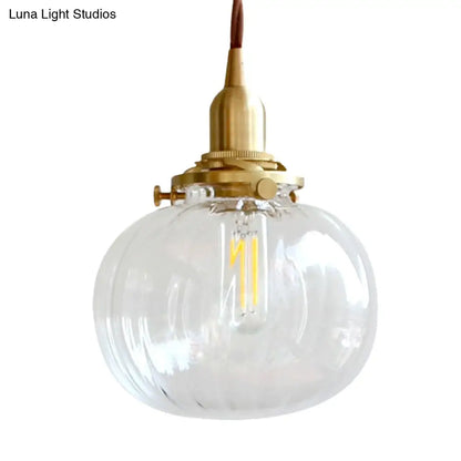 Brass Suspension Light Melon Shape Fluted Glass Pendant Lamp for Corridor